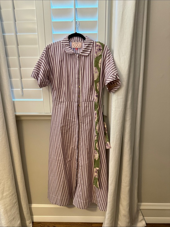 Buru Dresses & Skirts - Striped Lavender Midi Shirt Dress with Floral Sash
